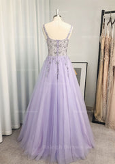 A Line Princess V Neck Long Floor Length Tulle Prom Dress With Beading Sequins