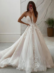 A-Line/Princess V-neck Sweep Train Lace Wedding Dresses With Appliques Lace