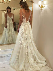 A-LINE/Princesa Vestidos de boda de tul de tulla de barrido en línea con encaje Apliques