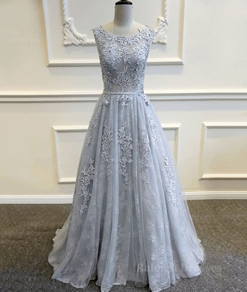 A Line Round Neck Lace Grey Prom Dresses, Lace Grey Formal Dresses