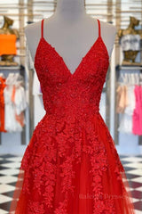 A Line Spaghetti Straps V Neck Red Lace Long Prom Dress, Red Lace Formal Dress, Red Evening Dress