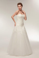 A Line Strapless Ivory Lace Floor Length Wedding Dresses