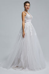 A-Line tulle applique sleeveless floor length wedding dress