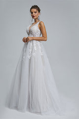 A-Line tulle applique sleeveless floor length wedding dress