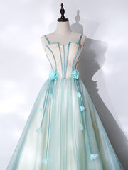 A-Line Tulle Green Long Prom Dress, Green Graduation Dress with Sweep Train