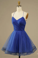 A Line V Neck Backless Blue Tulle Prom Dress, Backless Blue Homecoming Dress, Short Blue Formal Evening Dress