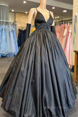 A Line V Neck Black Satin Long Prom Dress with Pocket, V Neck Black Formal Graduation Evening Dress