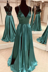 A Line V Neck Open Back Emerald Green Satin Long Prom Dress, Backless Emerald Green Formal Graduation Evening Dress