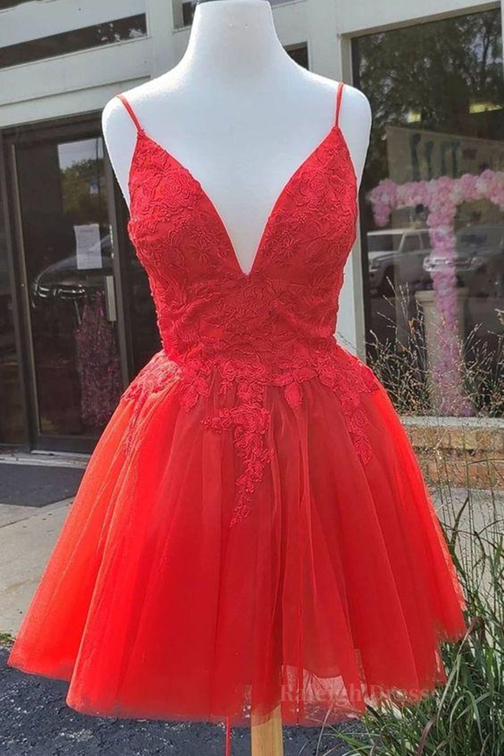 A Line V Neck Red Lace Short Prom Dress, Red Lace Homecoming Dress