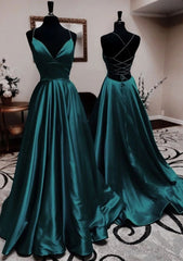 A Line V Neck Spaghetti Straps Long Floor Length Charmeuse Prom Dress With Pleated