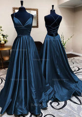 A Line V Neck Spaghetti Straps Long Floor Length Charmeuse Prom Dress With Pleated