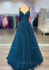 A Line V Neck Spaghetti Straps Long Floor Length Lace Prom Dress With Beading