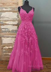 A-line V Neck Spaghetti Straps Long/Floor-Length Tulle Prom Dress With Beading Lace Pockets Sequins