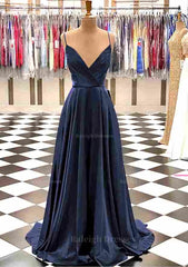 A Line V Neck Spaghetti Straps Sweep Train Charmeuse Prom Dress With Pleated