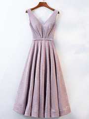 A Line V Neck Tea Length Gray/Pink Prom Dresses, Shiny Tea Length Formal Dresses