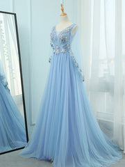 A-Line V Neck  Tulle Lace Blue Long Prom Dresses, Blue Formal Evening Dress