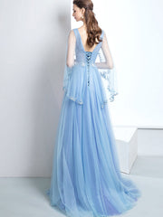 A-Line V Neck  Tulle Lace Blue Long Prom Dresses, Blue Formal Evening Dress