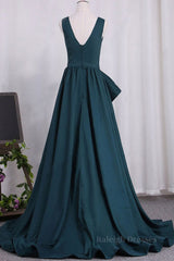 A Line V Neck V Back Green Satin Long Prom Dresses, Long Green Formal Evening Dresses