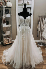 A Line V Neck White Lace Long Prom Wedding Dress, Thin Strap White Lace Formal Dress, White Lace Evening Dress