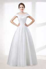 A-Line White Satin Lace da abiti da sposa delle spalle