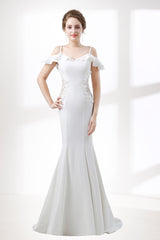 A-Line White Satin Short Sleeve Off the Shoulder Prom Dresses