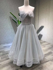 Aline Tea Length Gray Prom Dress, Gray Tulle Homecoming Dress