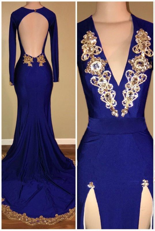 royal blue long sleeve prom dresses cheap gold beads mermaid evening dress with slit