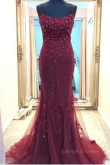 Backless Mermaid Beaded Maroon Lace Long Prom Dresses, Backless Burgundy Lace Formal Dresses, Burgundy Tulle Evening Dresses