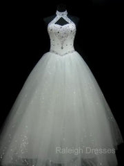 Ball Gown Halter Floor-Length Tulle Wedding Dresses With Beading