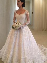 Ball Gown Scoop Cathedral Train Lace Wedding Dresses With Ruffles