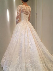 Ball Gown Scoop Cathedral Train Lace Wedding Dresses With Ruffles