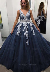 Ball Gown Sleeveless Long Floor Length Tulle Prom Dress With Lace Appliqued Beading