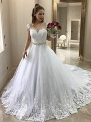 Ball Gown Sweetheart Court Train Tulle Wedding Dresses With Belt/Sash