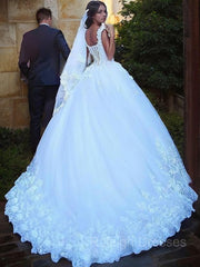 Ball Gown Sweetheart Sweep Train Tulle Wedding Dresses With Appliques Lace