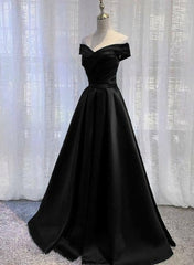 Black Satin Off Shoulder Long Simple Evening Dress Formal Dress, Black Party Dresses