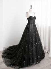Black Sweetheart Tulle Straps Long Formal Dress, Black Evening Party Dresses