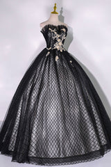 Black Tulle Lace Long Prom Dress, Black A-Line Strapless Evening Gown