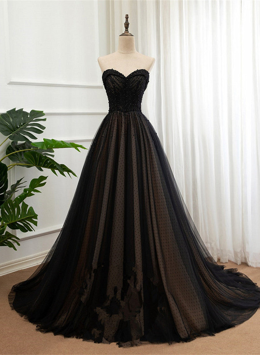 Black Tulle Sweetheart A-line Formal Dress with Lace, Black Long Prom Dress