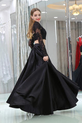 Negru cu două piese cu mânecă lungă, lungimea rochilor de bal din satin cu dantelă