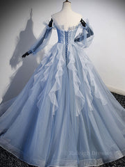 Blue A-Line Tulle Lace Long Prom Dresses, Blue Formal Evening Dresses