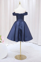 Blue Knee Length Satin Short Prom Dress, Off the Shoulder Blue Homecoming Dress