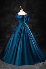 Blue Off the Shoulder Satin Floor Length Prom Dress with Corset, Blue Evening Party Dress