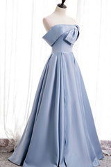 Blue Satin A-line Off-the-Shoulder Beaded Prom Dresses,evening party dress