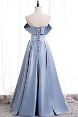 Blue Satin A-line Off-the-Shoulder Beaded Prom Dresses,evening party dress