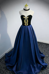 Blue Satin Lace Long Prom Dress, Blue Short Sleeve Evening Party Dress