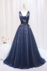 Blue Tulle Beaded Long Prom Dress, Blue A-Line Evening Party Dress