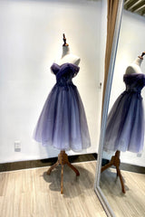 Blue Tulle Lace Short Prom Dress, Off the Shoulder Evening Party Dress
