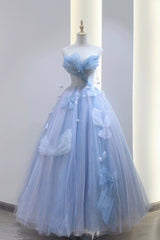 Blue Tulle Long A-Line Prom Dress Party Dress, Blue Evening Dress