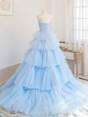 Blue Tulle Long Prom Dress, Blue Tulle Ball Gown Evening Dresses
