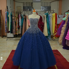 Blue Tulle Sequins Long Ball Gown Formal Dress, Sparkle Blue Quinceanera Dress